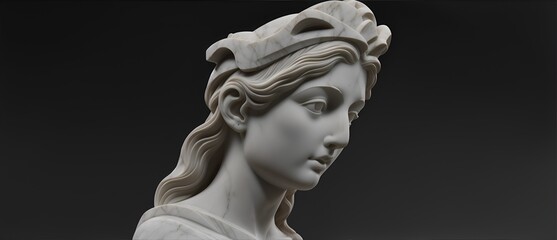 Marble white sculpture headbust of greek god Athena in plain dark black background from Generative AI