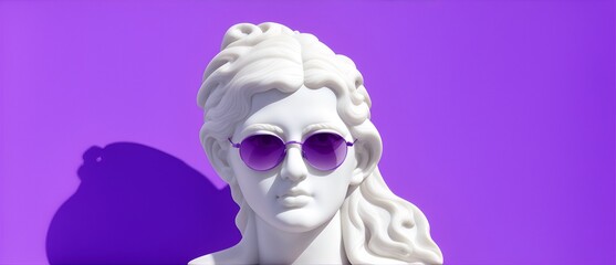 Marble white sculpture headbust of greek god Athena with sunglasses in bright purple background from Generative AI