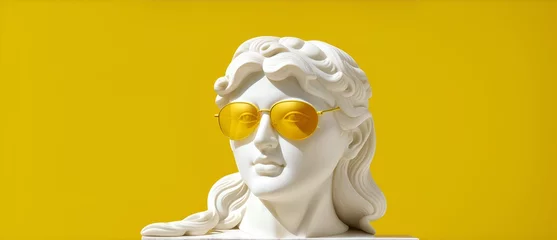 Foto op Canvas Marble white sculpture headbust of greek god Athena with sunglasses in bright yellow background from Generative AI © sevenSkies