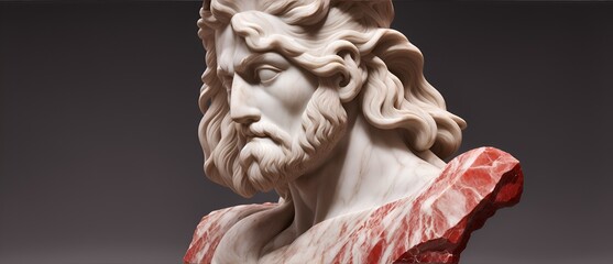 Marble white sculpture headbust of greek god Zeus in plain dark red background from Generative AI