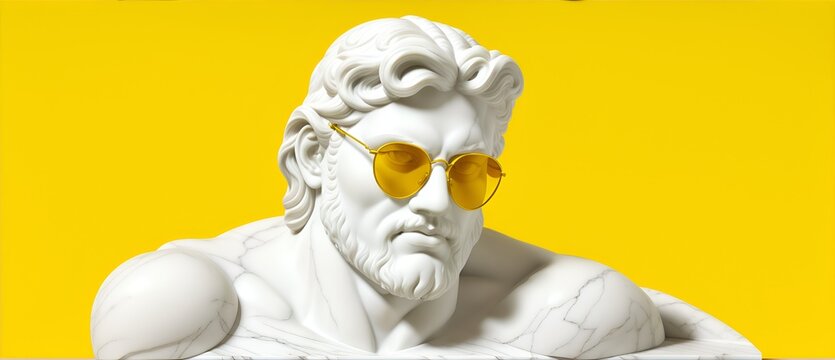Marble white sculpture headbust of greek god Zues with sunglasses in bright yellow background from Generative AI