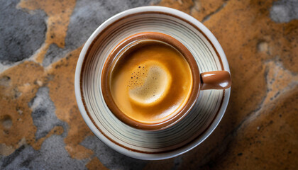 A top-down view of a classic Italian espresso captures the rich and velvety crema atop the strong and aromatic shot, offering a moment of indulgence in a small but potent cup.