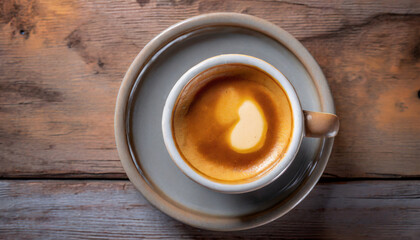 A top-down view of a classic Italian espresso captures the rich and velvety crema atop the strong and aromatic shot, offering a moment of indulgence in a small but potent cup.