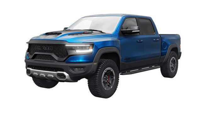USA, Dallas. November 13, 2023. RAM 1500 TRX 2022. Powerful, sporty blue pickup truck for outdoor activities and difficult terrain on a transparent background. 3d rendering.