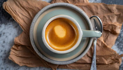A top-down view of a classic Italian espresso captures the rich and velvety crema atop the strong and aromatic shot, offering a moment of indulgence in a small but potent cup. - obrazy, fototapety, plakaty