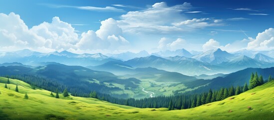 summer the sky above Europe is a beautiful blend of blue adorned with fluffy white clouds that dance over the lush green landscape of towering trees and vibrant grass creating a breathtakin