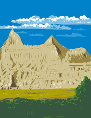 WPA poster art of the Badlands National Park located in southwestern South Dakota, United States of America USA done in works project administration or federal art project style.
