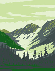 WPA poster art of North Cascades National Park with Magic Mountain and Pelton Peak in northern Washington State USA done in works project administration or federal art project style.
