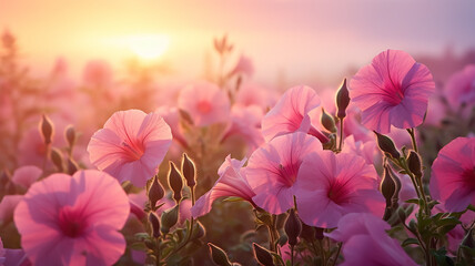 pink flowers wild field on the background of fog, morning view fragrance and coolness of petunia - obrazy, fototapety, plakaty