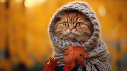 cat in autumn clothes in autumn park leaf fall, change autumn season calendar, joke