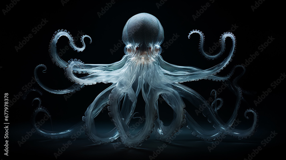 Wall mural octopus kraken, a fictional deep-sea luminous transparent creature, light ocean depth, layer for overlay isolated on a black background