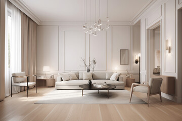 Naklejka na ściany i meble Home Interior With light Sofa, Empty Wall And Floor Lamp. Modern living room