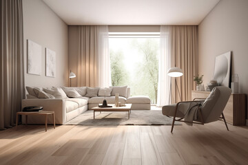 Modern scandinavian living room interior. Modern bright minimalist living room interior with sofa, wooden floor and blank white posters on the wall, minimalist design. Empty Poster mock-up. Place for 