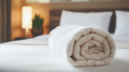 clean towels rolled up on the bed in a bright hotel room - obrazy, fototapety, plakaty