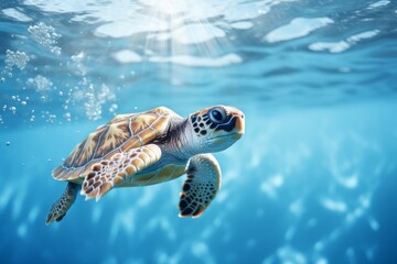 A tiny turtle swimming in clear water with a white background. Generative AI