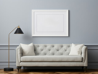 Interior living room image of a blank customizable picture frame on the wall above a nice couch