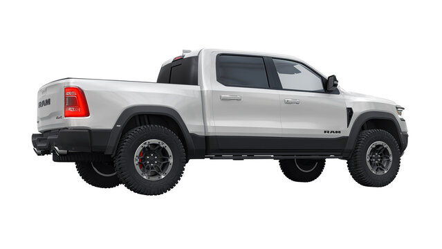 USA, Dallas. November 13, 2023. RAM 1500 TRX 2022. Powerful, sporty white pickup truck for outdoor activities and difficult terrain on a white background. 3d rendering.