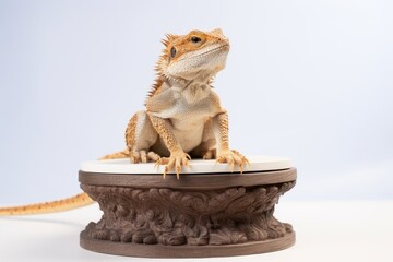 Photo of a bearded dragon perched on a mini throne with a white background. Generative AI