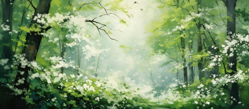 In the lush forest a white abstract pattern emerges on the background of vibrant green leaves depicting the texture of natures canvas as summer brings forth a serene landscape inviting trav