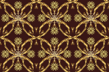 Fototapeta premium Ornate decoration. Luxury, royal and Victorian concept. Vintage baroque floral seamless pattern in gold over brown, beige and yellow. Golden element on brown, beige and yellow colors.