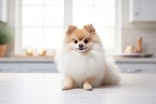 Photo of a charming Pomeranian in a fluffy, adorable pose on a clean white countertop. Generative AI