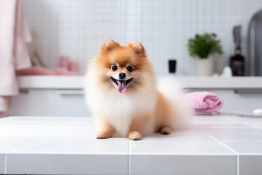 Photo of a charming Pomeranian in a fluffy, adorable pose on a clean white countertop. Generative AI