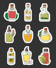 Herbal oil bottle. Sticker Bookmark. Alternative medicine. Hand drawn style. Vector drawing. Collection of design elements.