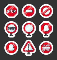 Stop sign, block, prohibited. Sticker Bookmark. Road traffic regulatory warning. Vector drawing. Collection of design elements.