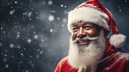 African American Santa Claus on a dark snowy background. Christmas concept