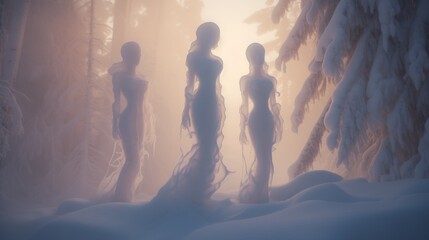 Ice sculptures of magical goddesses of a winter snowy forest