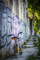 Vélo de location posé contre un mur de graffitis