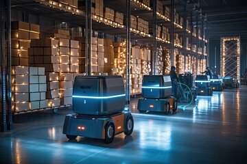 A cargo transport robot is parked on the floor near shelves with merchandise in a spacious warehouse that is lit at night. by Generative AI - obrazy, fototapety, plakaty
