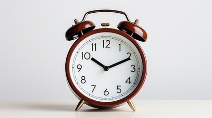 Alarm clock on a wooden table against a white background
