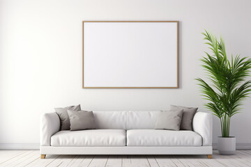 A modern interior with a white sofa and a mock-up of a poster frame.