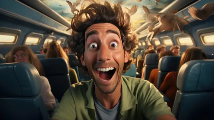 Foto op Canvas Happy male tourist airplane passenger screams with joy on board the plane on a flight on vacation. World travel and tourism concept © Aliaksandra
