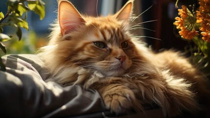 A light red cat lies in the sun resting and sleeping