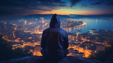 A hacker in a hoodie from a rear view. The scene is set against a backdrop of a nighttime city