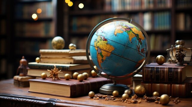 A world globe stands on books in a library. The concept of a global planet in finance, education and economics