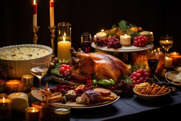 A festive holiday table spread featuring a succulent roast turkey, cranberry sauce, roasted vegetables, and a selection of mouthwatering desserts, under candlelight.