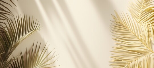 A wide-format abstract background for creative content, featuring palm leaves against a white wall, with room for customization to suit your artistic vision. Photorealistic illustration