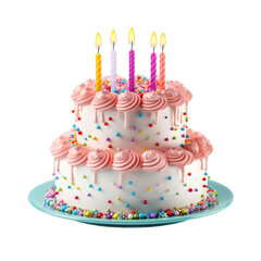 Vibrant Birthday Cake with Lit Candles Isolated on White  or Transparent Background