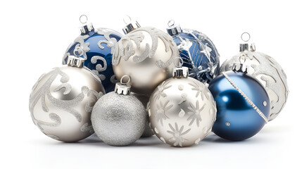 christmas balls on white bakground in silver and blue balls