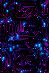 seamless pattern of a microchip circuit with digital electronic technologies for computer and internet on technological futuristic neon black background