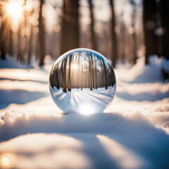 Glass ball reflecting a winter woodland scene with sunshine