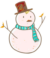 A snowman wearing hat and blue scarf cartoon.