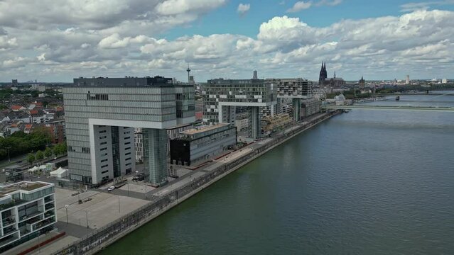 Cologne's Rheinauhafen buildings or commonly known as crane houses, aerial