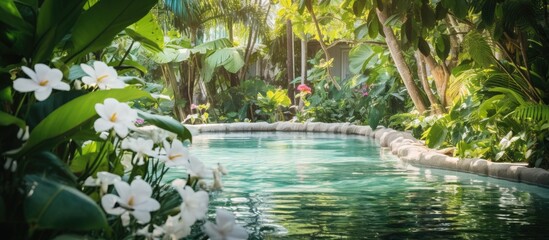 In the tranquil spa garden surrounded by lush green plants and tropical trees the background is adorned with delicate white floral blooms creating a serene oasis of beauty in the midst of n - obrazy, fototapety, plakaty