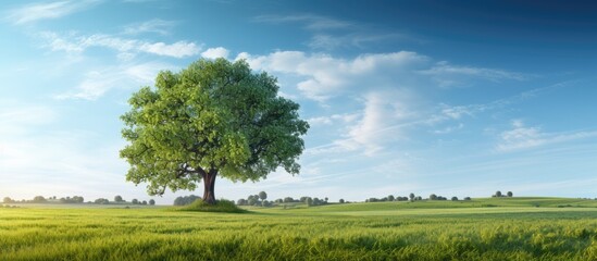 middle of the farm a majestic tree stood tall its branches reaching out to touch the clear blue sky surrounded by lush green grass a testament to the wonders of agriculture and the beauty of