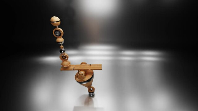 moving balancing composition. different figures made of wooden and metal material swing and rotate on each other. Looping animated background. 3d render