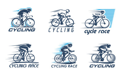 Cycling sport icons with bike racer silhouettes. Road bicycle racing or track cycling vector signs of cyclist men riding bicycles with safety helmets and speed motion trails, sport competition - obrazy, fototapety, plakaty